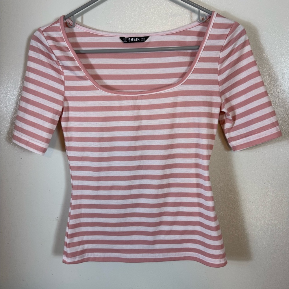 Shein Cropped Striped Tee XS Pink White Summer Beach‎